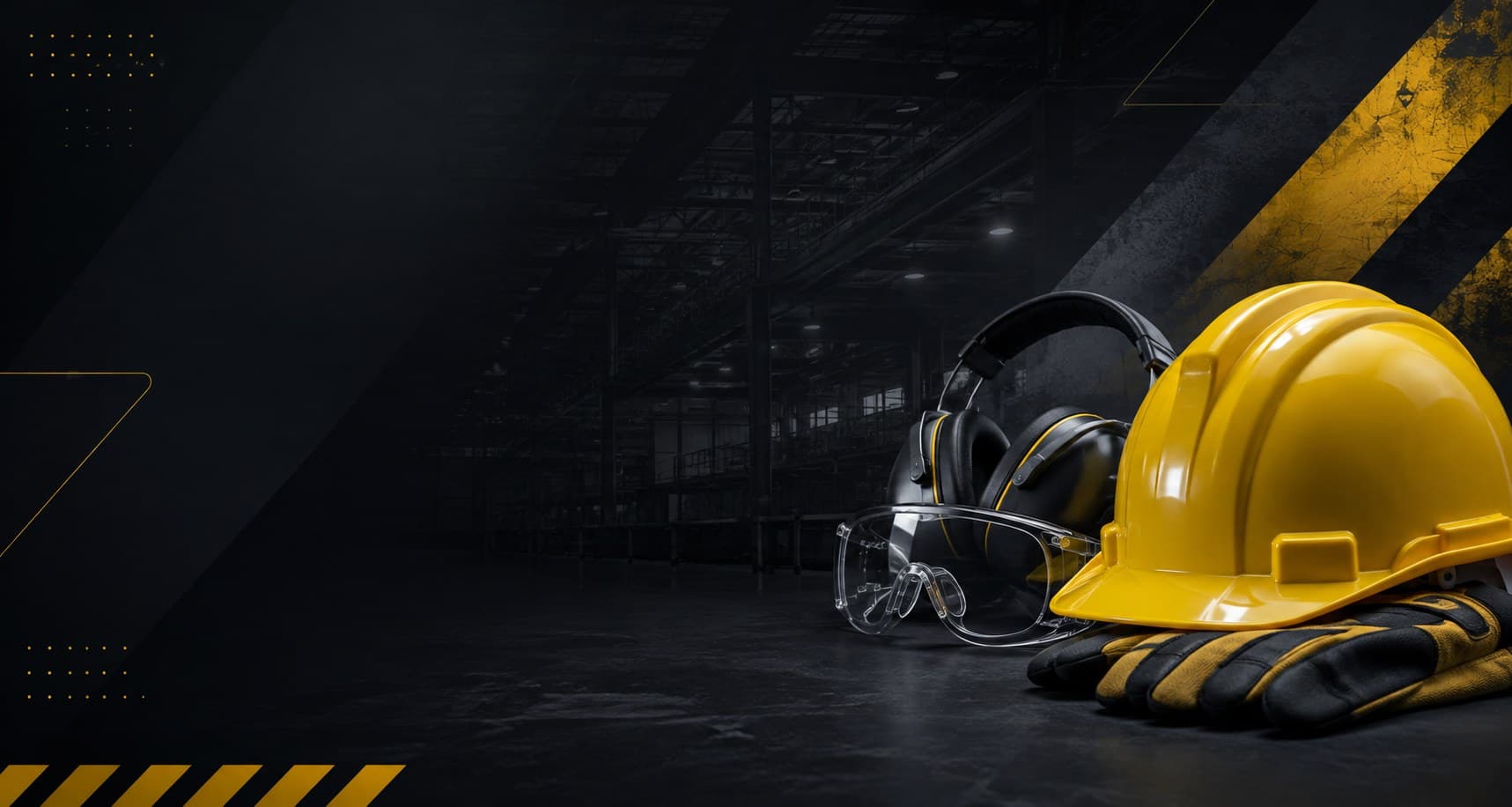 Equipamiento de seguridad industrial: casco, antiparras, protectores auditivos y guantes