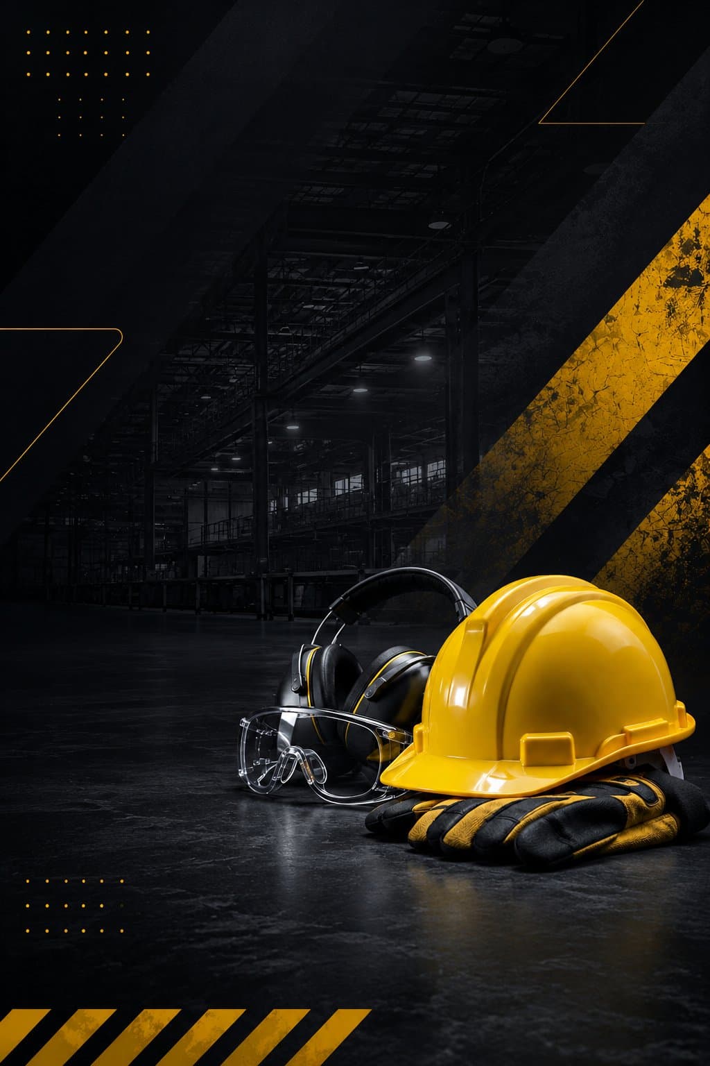 Equipamiento de seguridad industrial: casco, antiparras, protectores auditivos y guantes